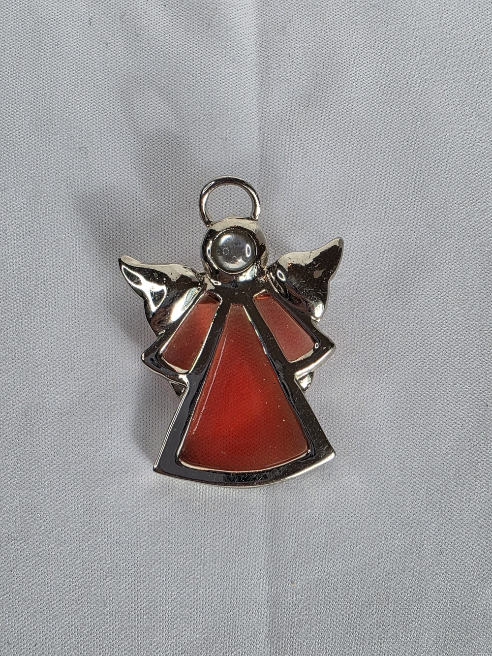 Vintage Red Stained Glass Angel Brooch Pin Silver Tone